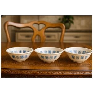 3 Rare Vintage Nola Ware Hand Painted Atomic Art Deco 3”Blue White Bowls MCM